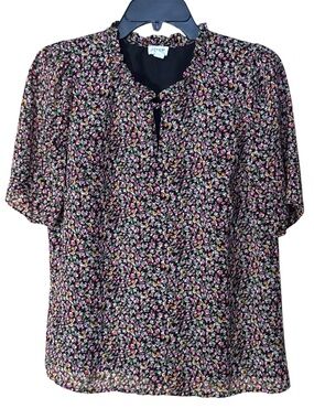 J. Crew Black Floral Tie-Neck Short Sleeve Blouse - Size M